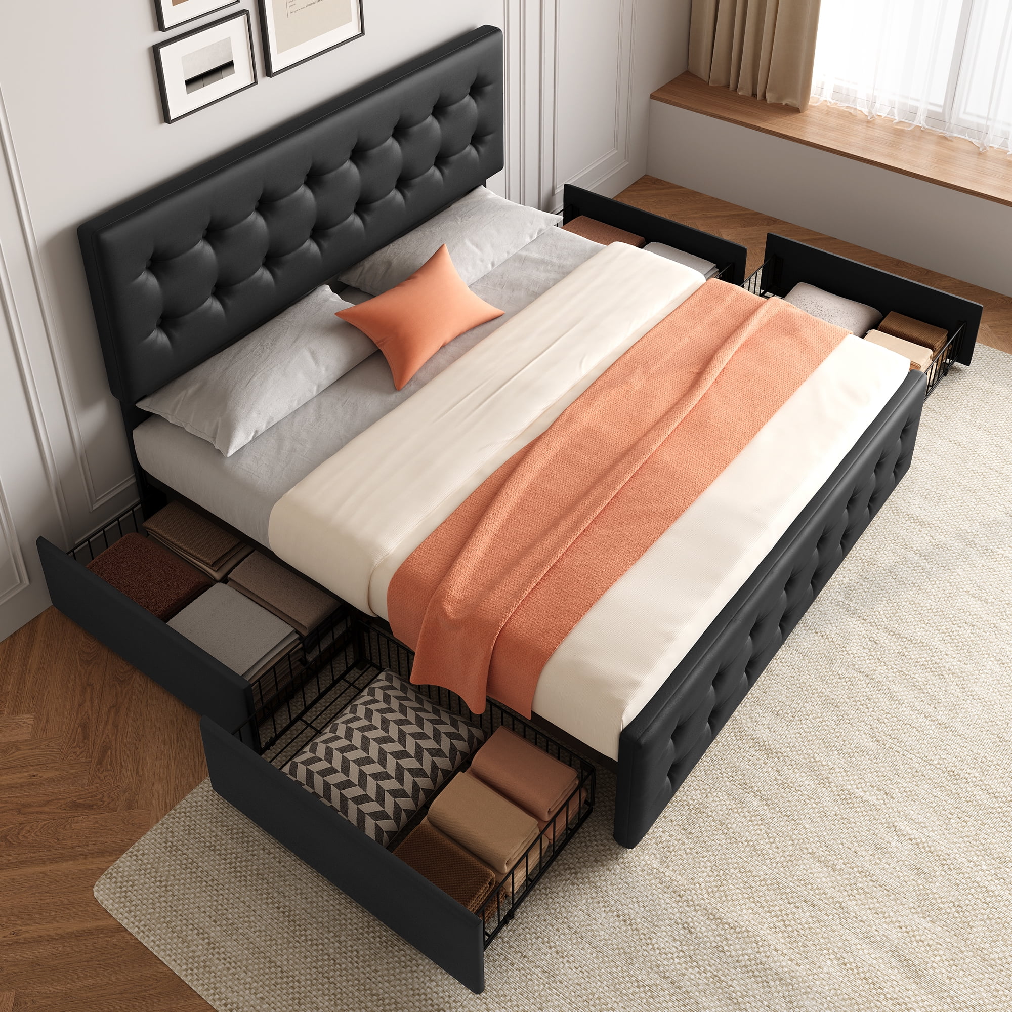 Huisuilinss Linen Upholstered Platform Bed Frame Queen Size Bed Frame With Button Tufted Design Headboard Full Size Bed Frame With 4 Storage Drawers Wooden Slats Support No Box Spring Needed
