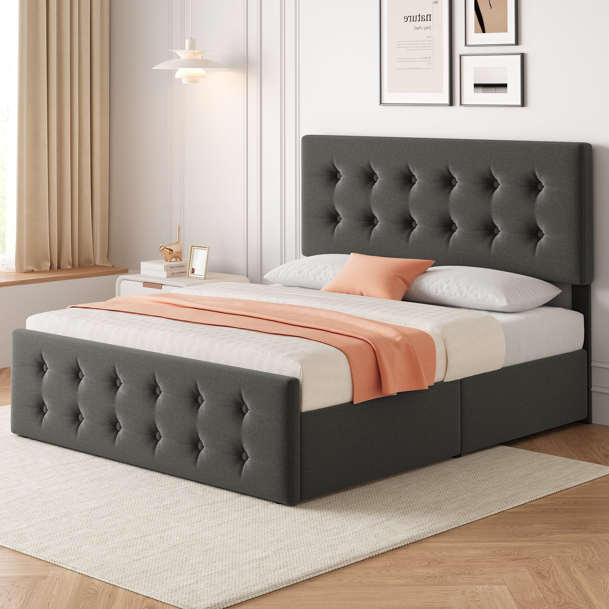 Huisuilinss Linen Upholstered Platform Bed Frame Queen Size Bed Frame With Button Tufted Design Headboard Full Size Bed Frame With 4 Storage Drawers Wooden Slats Support No Box Spring Needed