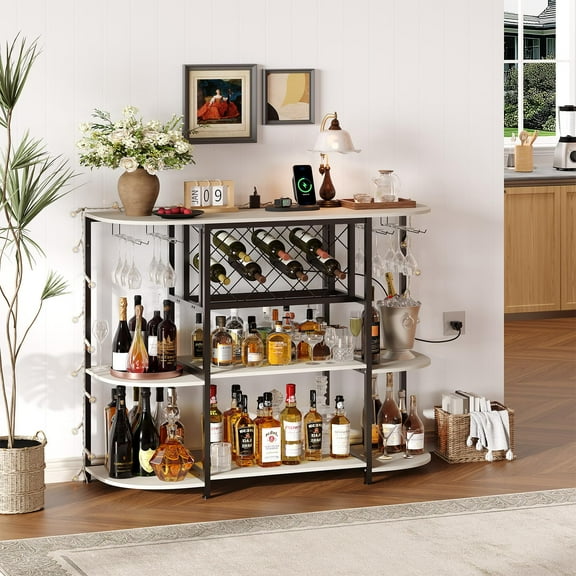 Huisuilinss Liquor Stand,Wine Rack Freestanding Floor,LED Home Bar Rack With Power Outlet,Metal Mini Bar Table With 4-Tier Storage,Liquor Bottle Display Shelf With Glass Holder For Home
