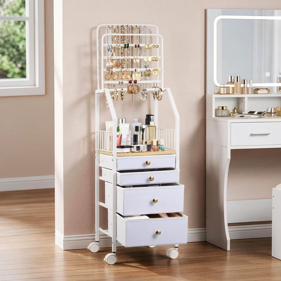 Huisuilinss Makeup Organizer Cart,Makeup Cart Organizer,Rolling Makeup Cart,Large Floor Skincare Vanity Organizers With Storage Rack,4 Nonwoven Drawers,Wheels For Jewelry Perfume Nail Polish