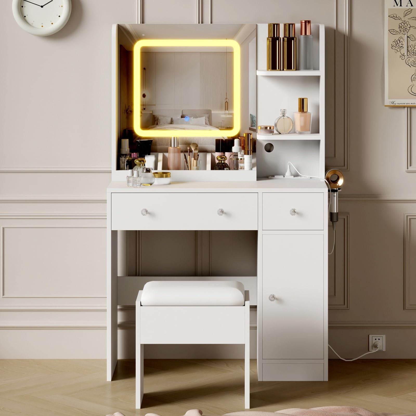 Makeup Vanity Desk With Mirror And Lights, White Vanity Table Set With Storage, Charging Station & RGB Lights