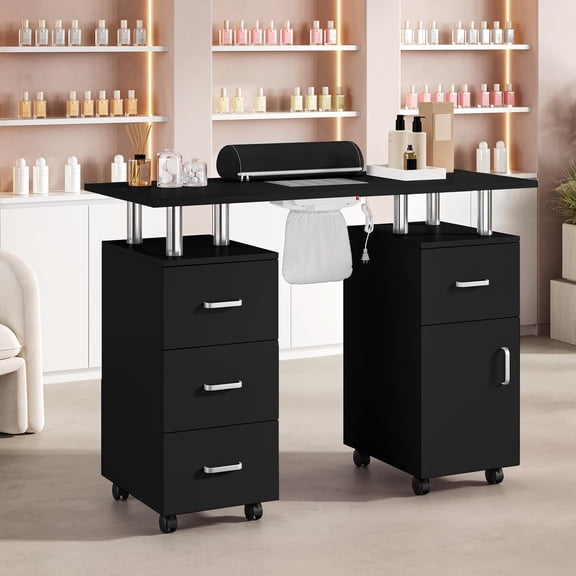 Huisuilinss Manicure Table Nail Desk For Nail Tech,Portable Nail Table,Rolling Nail Station,Beauty Salon Workstation With Electric Downdraft Vent & Locking Castors & Wrist Cushion,Drawers & Cabinet