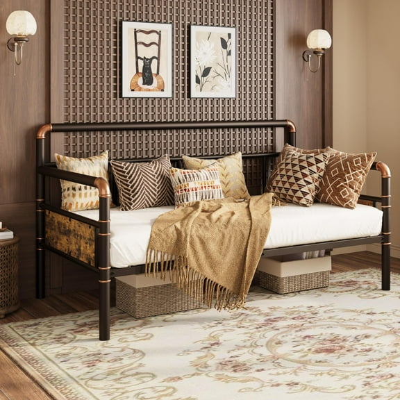 Huisuilinss Metal Daybed Frame,Twin Daybed Frame,Twin Size Metal Platform Sofa Bed With Headboard,Steel Slats Support,No Boxing Spring Needed For Living Room Bedroom Guest Room,Without Trundle