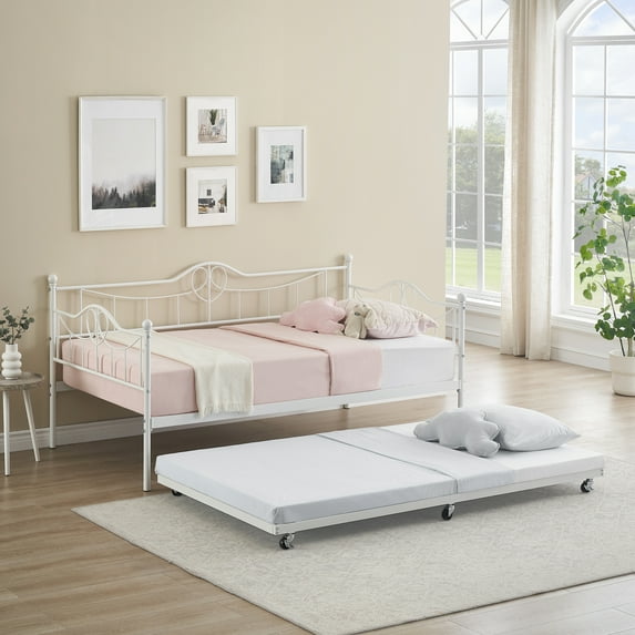 Huisuilinss Metal Daybed With trundle,Modern Twin Sofa Bed Frame,Trundle Bed Twin With Heart Shaped Headboard,Metal Steel Strip Support,Noiseless,Suitable For Living Room Bedroom Guest Room