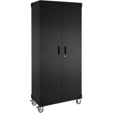 Mlezan Metal Storage Cabinet With 4 Doors And Drawer - Rolling Garage Cabinet On Wheels, Black/Gray
