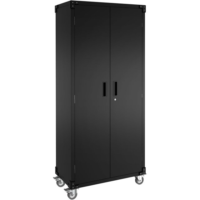 Mlezan Metal Storage Cabinet With 4 Doors And Drawer - Rolling Garage Cabinet On Wheels, Black/Gray