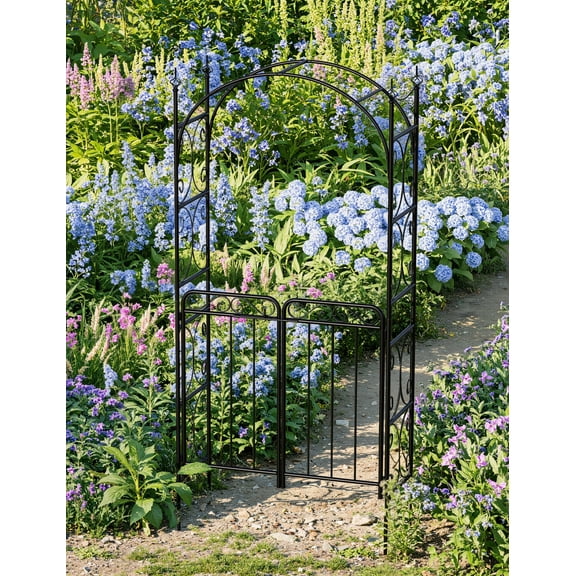 Huisuilinss Metal Garden Arbor With Gate,8 FT Garden Arch Arbor,Outdoor Garden Arbor Trellis For Climbing Plants Roses Vines,Wedding Arch For Lawn Patio Backyard Wedding Ceremony Decoration