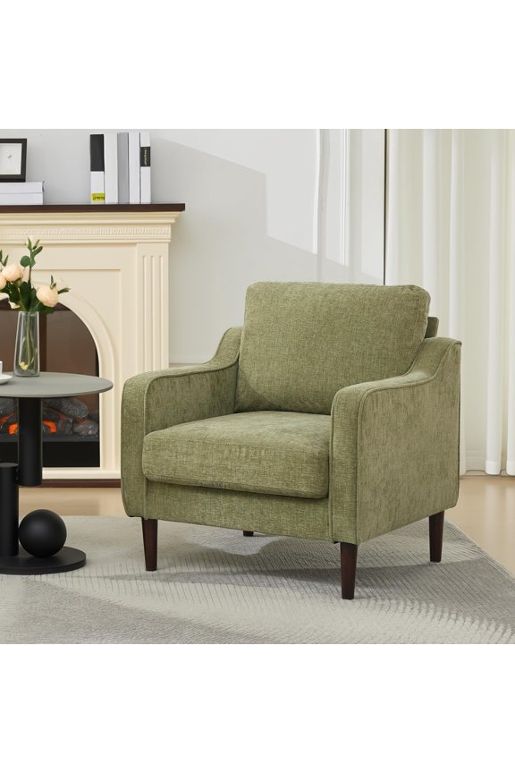 Mid-Century Accent Chair,Linen Fabric Upholstered Armchair,Modern Reading Chair,Side Chair,Comfy Living Room Chair,Single Sofa With Back Pillow And Wood Legs For Bedroom Living Office Cafe