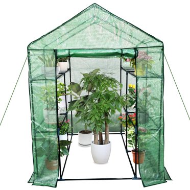 Walk-In Compact Greenhouse With 4 Shelves – 3-Tier Outdoor Plant House For Veggies & Flowers, 143x73x195cm, Green