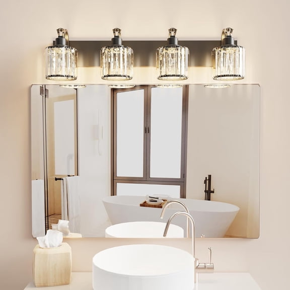 Huisuilinss Modern Crystal Bathroom Vanity Light,Wall Light Fixtures Over Mirror,Vanity Lighting for Bathroom,Mirror Glass Crystal Bathroom Vanity Lighting Fixtures, Round Shade