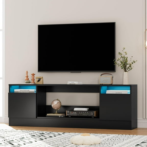 Huisuilinss Modern TV Stand,LED TV Stand Up To 75" TV,Modern Entertainment Center With Storage Cabinet And Open Shelf,Media TV Console Table For Living Room (Not Included Fireplace)
