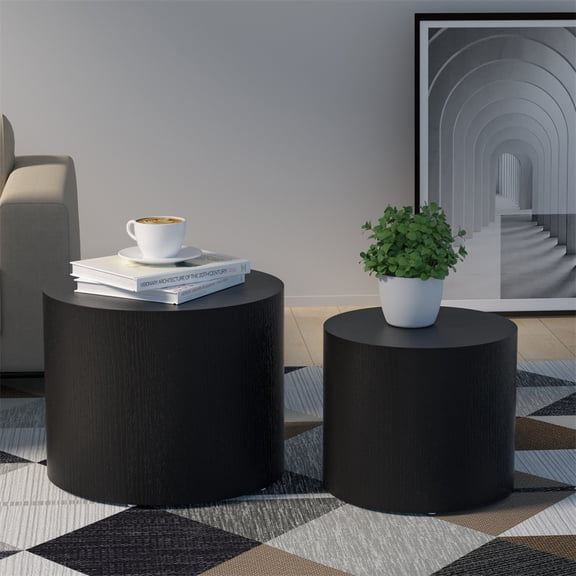 Huisuilinss Nesting Coffee Table Set of 2, Modern Round Coffee Table with Non-Slip Feet, Wooden Circle Accent Tables End Tables for Small Spaces Living Room Bedroom Balcony Office Drum Side Table