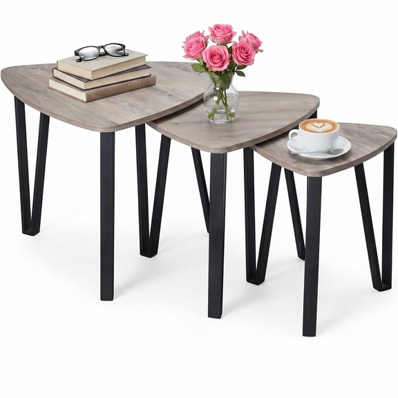 Huisuilinss Nesting Coffee Table,Set Of 3 Triangle End Table,Industrial Stacking Side Table,Multi Size Minimalist Center Table With Black Metal Frame For Small Spaces Living Bedroom Apartment