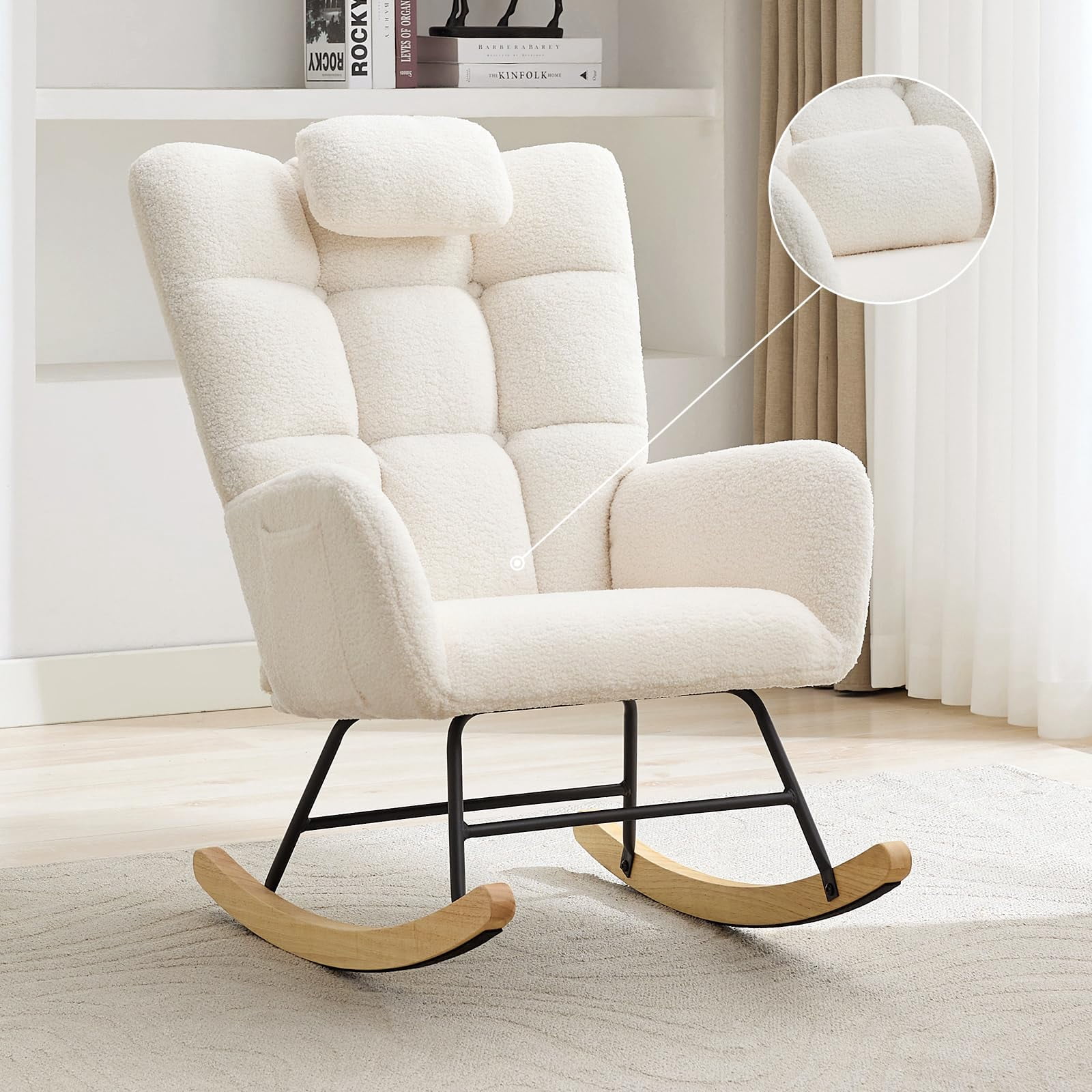 Huisuilinss Nursery Rocking Chair,Rocking Chair Nursery,Upholstered Glider Rocker With High Backrest Armchair,Accent Chair Padded Seat,Reading Chair For Living Room Bedroom Office,Without Ottoman