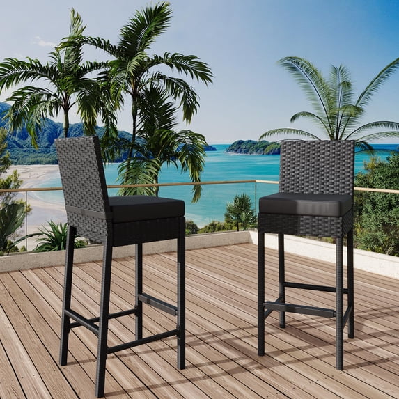 Huisuilinss Outdoor Bar Stools Set Of 2,Rattan Patio Bar Stools,Wicker Woven Barstools,Bar Height Chair Armless W/Soft Seat Cushion & Backrest For Backyard Poolside Deck Porch Garden,Table Not Includ