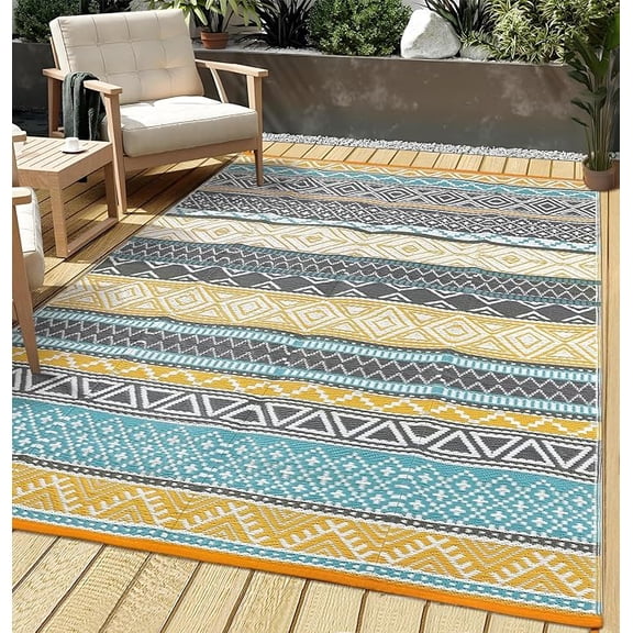 Huisuilinss Outdoor Rug,Outdoor Patio Rug,Outdoor Carpet,Waterproof Reversible Rug,Lightweight Plastic Straw Rug,Geometric Mat For Outside RV Deck Picnic Beach Trailer Camping