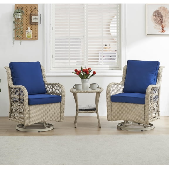 Huisuilinss Outdoor Swivel Rocker Patio Chairs with Thick Cushions and Glass Top Side Table, 3PCS High Back Wicker Swivel Chair Set for Patio Porch Pool