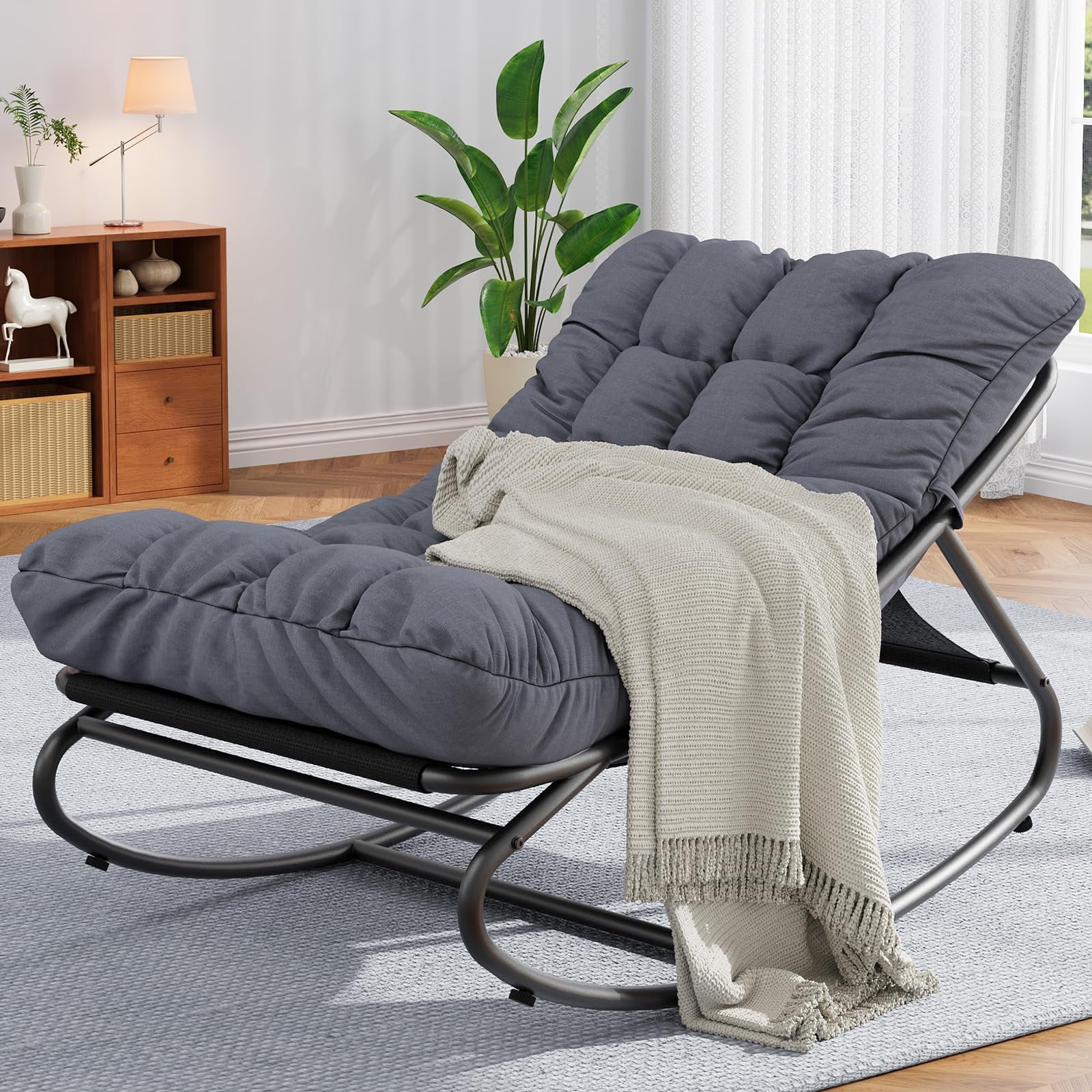 Huisuilinss Papasan Rocking Chair With Cushion,Padded Lounge Chair ...