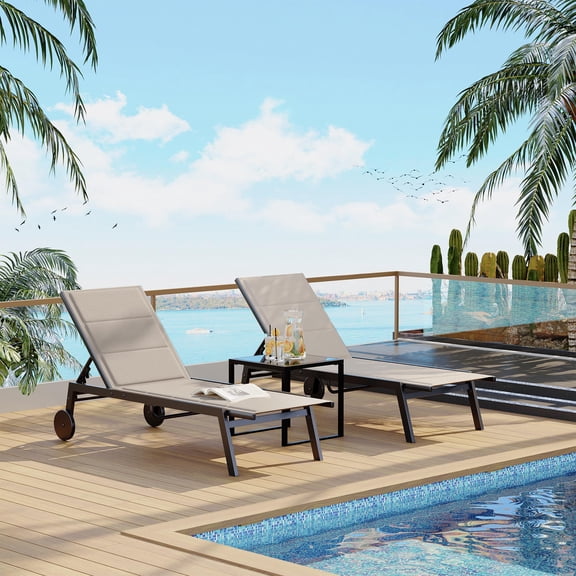 Huisuilinss Patio Chaise Lounge Chair Set,3 Piece Outdoor Chaise Lounge Set,Outdoor Lounge Chair With Side Table,Adjustable Backrest,Lounge Chair Recliner With Wheels For Beach Pool Backyard Porch