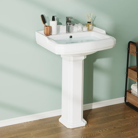 Huisuilinss Pedestal Sink,Vintage White Ceramic Pedestal Bathroom Sink,Bathroom Pedestal Sink With Overflow And 3 Pre-Drilled Holes,Fits 4-Inch Faucets