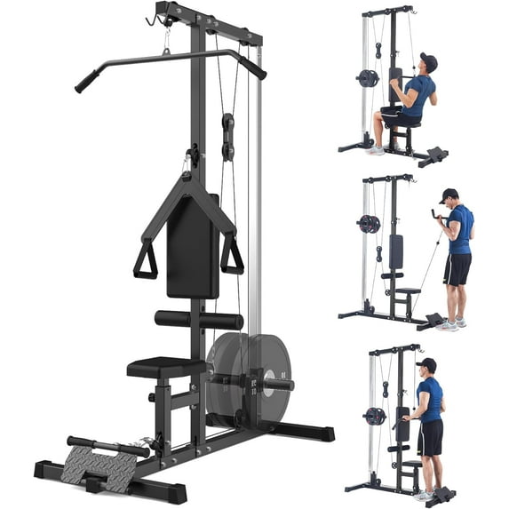 Huisuilinss Pull Down Machines, Cable Machine,LAT Row Cable Machine,High & Low Pulley Stations,Heavy Duty Back Workout Machine with Leg Support for Home Gym Body Training