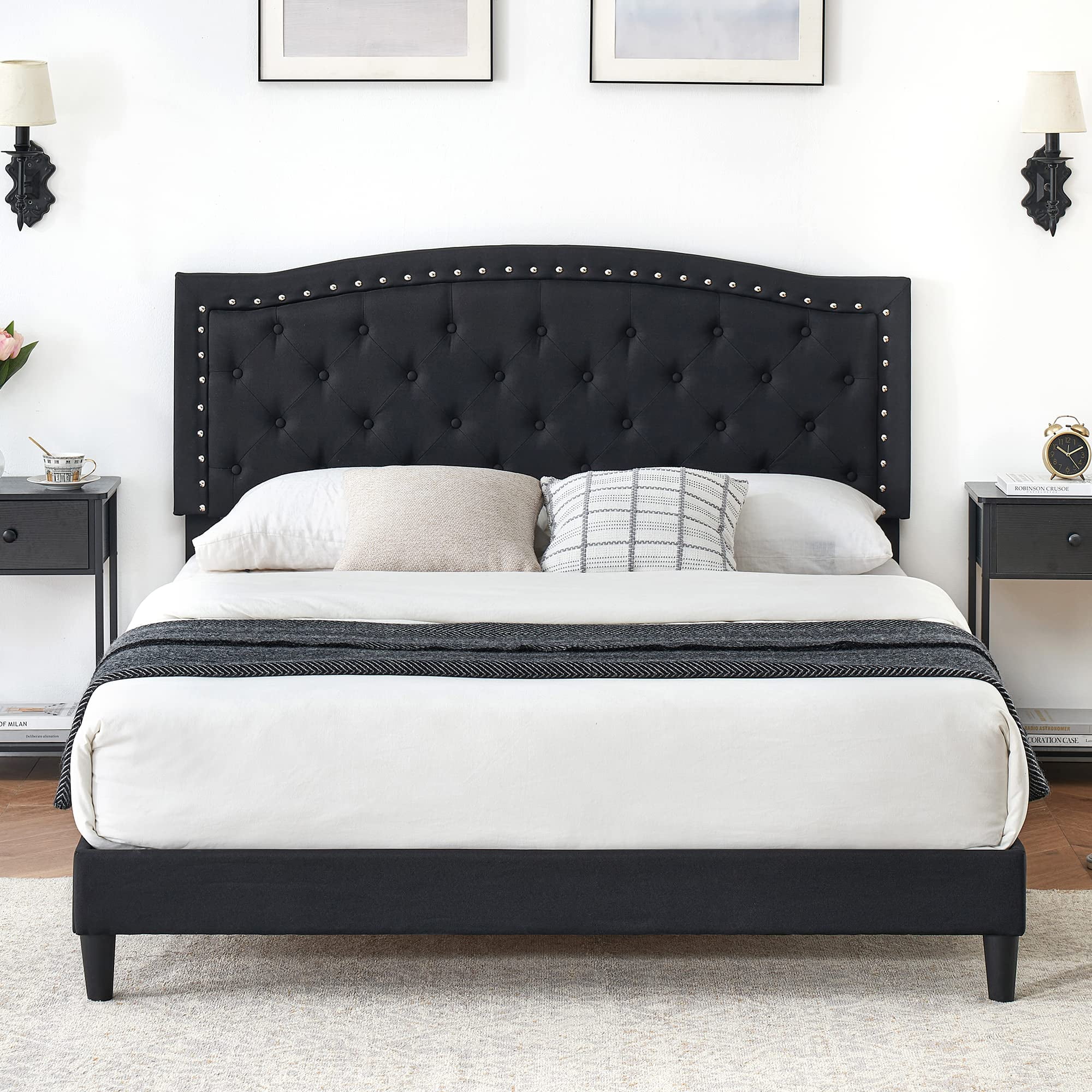 Huisuilinss Queen Size Bed Frame,Fabric Upholstered Platform Bed Frame,Full Bed Frame With Button Tufted Adjustable Headboard,Mattress Foundation,Easy Assembly,No Box Spring Needed