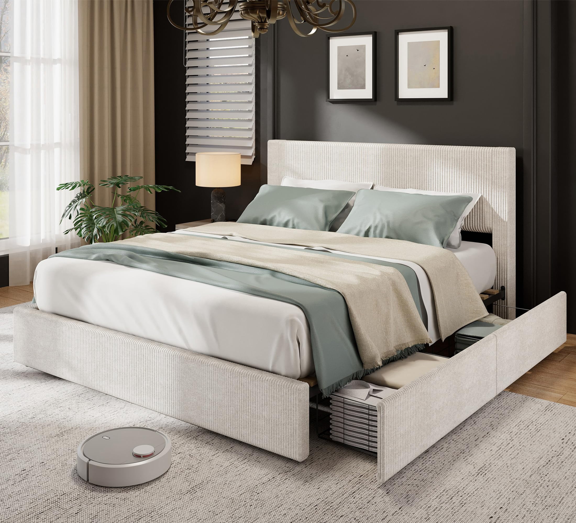 Huisuilinss Queen Size Bed,Full Size Upholstered Platform Bed Frame With Tufted Wingback Headboard,King Bed Frame With 4 Storage Drawers And Wooden Slats Support,No Box Spring Needed