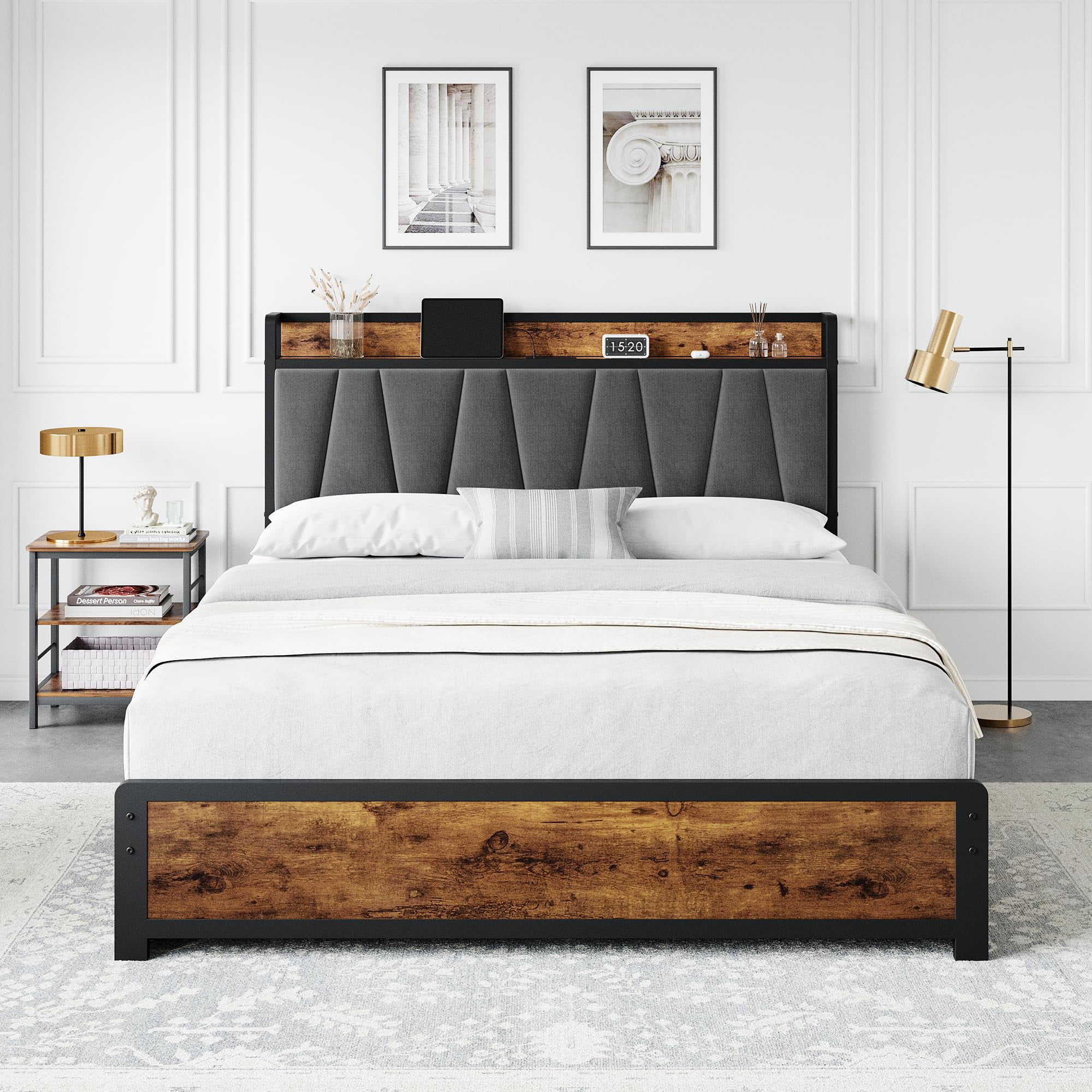 Huisuilinss Queen Size/Full Size Bed Frame,Vintage Platform Bed Frame with Storage Linen Upholstered Headboard,Queen Size Bed Frame With Drawers and Charging Station,No Box Spring Needed,Easy Assembly