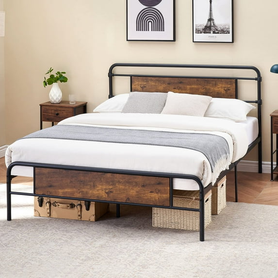 Huisuilinss Queen Size Metal Platform Bed Frame with Wooden Headboard and Footboard, Vintage Queen Bed Frame,Mattress Foundation, No Box Spring Needed, Large Under Bed Storage, Non-Slip Without Noise