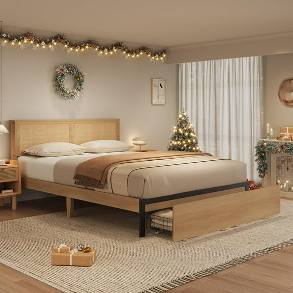 Huisuilinss Rattan Bed Frame Queen,Full Size Bed Frame,Platform Bed Frame King With Rattan Headboard,2 Storage Drawers And Strong Wood Slats Support,Noise Free,No Box Spring Needed