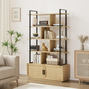 Huisuilinss Rattan Bookshelf With Cabinet,5 Tier Tall Bookcase With Rattan Door,Industrial Wood Book Shelf With Open Display Shelves For Living Room Bedroom Home Office