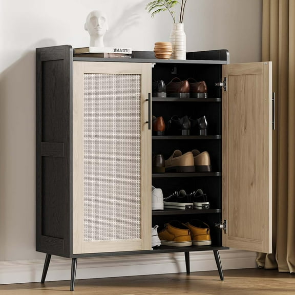 Huisuilinss Rattan Shoe Cabinet,5-Tier Shoe Cabinet Storage,Freestanding Shoe Rack Cabinet With Adjustable Shelf,Wood Shoe Organizer For Entryway Living Room Dining Room Kitchen Hallway