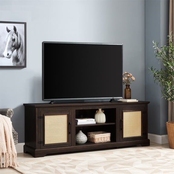 Huisuilinss Rattan TV Stand 65 Inch TV Table,TV Stand for Living Room, Mid Century Modern TV Stand with 2 Rattan Doors, Farmhouse Entertainment Center TV Stand, TV Console Table For Living Room