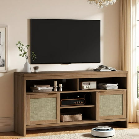 Huisuilinss Rattan TV Stand for up to 65 Inch TVs, Bohemia Entertainment Center with Storage, TV Media Console with Drawers, Adjustable Shelves for Living Room