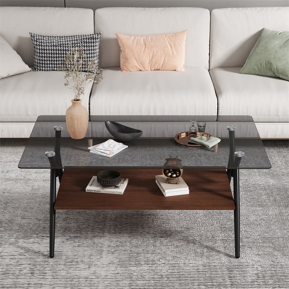 Huisuilinss Rectangle Glass Coffee Table, 38.6” Modern Center Table with Tempered Glass Tabletop, Central Table With Wooden Shelf,Versatile Accent Table With Metal Legs for Living Room