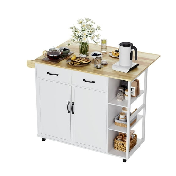 Huisuilinss Rolling Kitchen Island,Kitchen Island Cart With Drop Leaf,Mobile Island Table,Kitchen Storage Cabinet On Wheels With 3 Open Spice Rack And Towel Rack,Door,Drawers,Chair Not Included