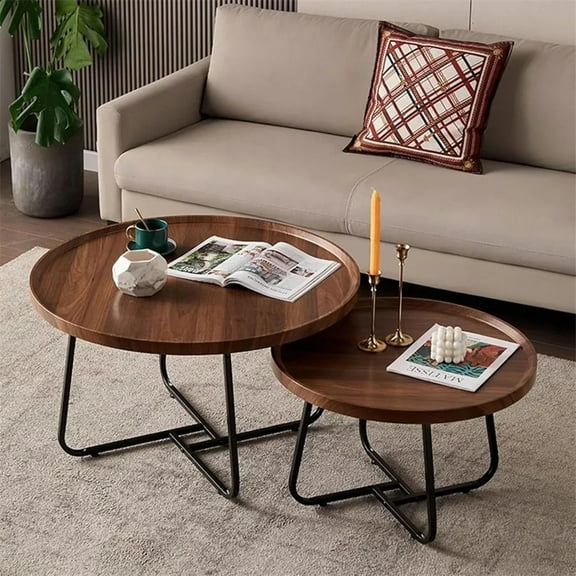 Huisuilinss Round Coffee Table,Nesting Coffee Table Set Of 2,Mid Century Fluted Design Wood End Table,Circle Centre Table,Nightstand With Metal Frame For Reception Area Bedroom Office,28"+20"