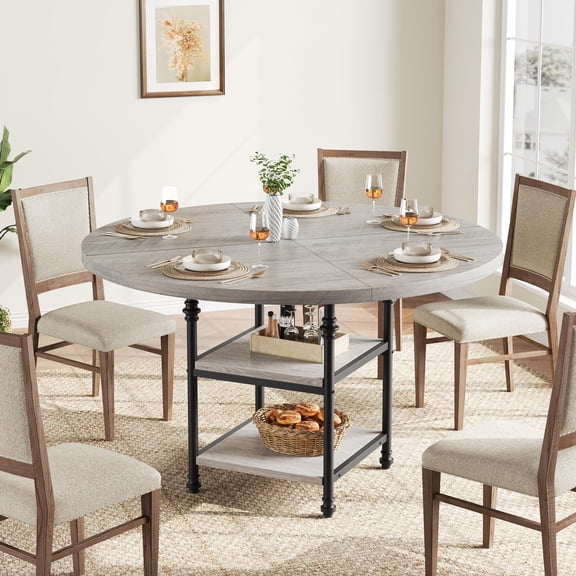 Huisuilinss Round Dining Table For 4,47" Farmhouse Kitchen Table,Wood Circle Dinner Table With Storage Shelves And Elegant Roman Metal Legs For Dining & Kitchen & Living,Table Only