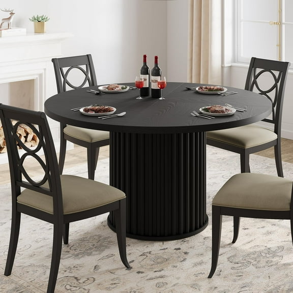 Huisuilinss Round Dining Table For 4-6 People,47" Farmhouse Dining Table,Circle Kitchen Table With Sturdy Waveform Metal Pedestal Base,Wood Dinner Table For Dining Living Room Kitchen(Table Only)
