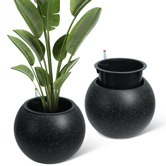 Huisuilinss Round Self Watering Pots,Plant Pots,Plastic Flower Pots With Built-in Drainage And Water Level Monitor For Patio Porch Living Room Home Office,2PCS
