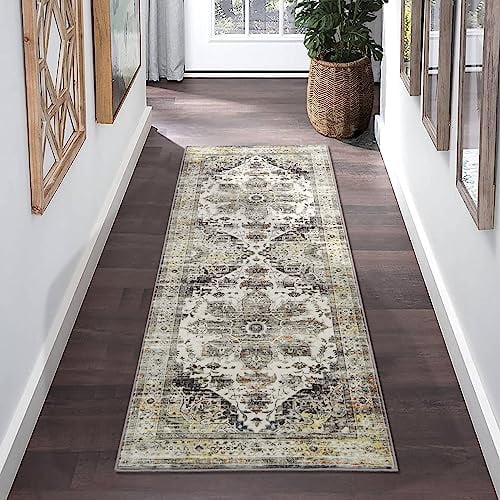 Huisuilinss Runner Rug, Washable Hallway Runner Rugs, Non-Slip Low-Pile Soft Kitchen Rug Runner Laundry Room Rug, Vintage Throw Entry Foyer Mat for Living Room