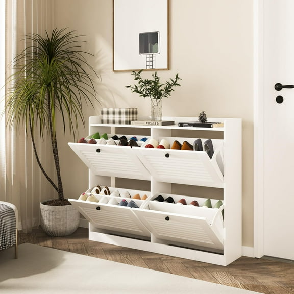 Huisuilinss Shoe Storage Cabinet With 4 Flip Drawers,Narrow Shoe Cabinet,Freestanding Hidden Shoe Rack Organizer With Open Storage,Wooden Legs For Hallway Bedroom Living Room Entryway