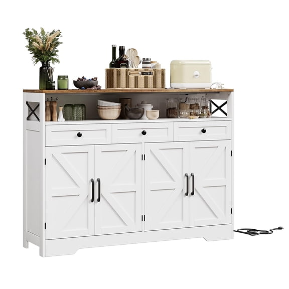 Huisuilinss Sideboard Buffet Cabinet With Storage,Modern Farmhouse Storage Cabinet,Wood Coffee Bar Cabinet Buffet Table With Power Outlets,3 Drawers,4 Doors And Open Shelf For Kitchen Dining Room