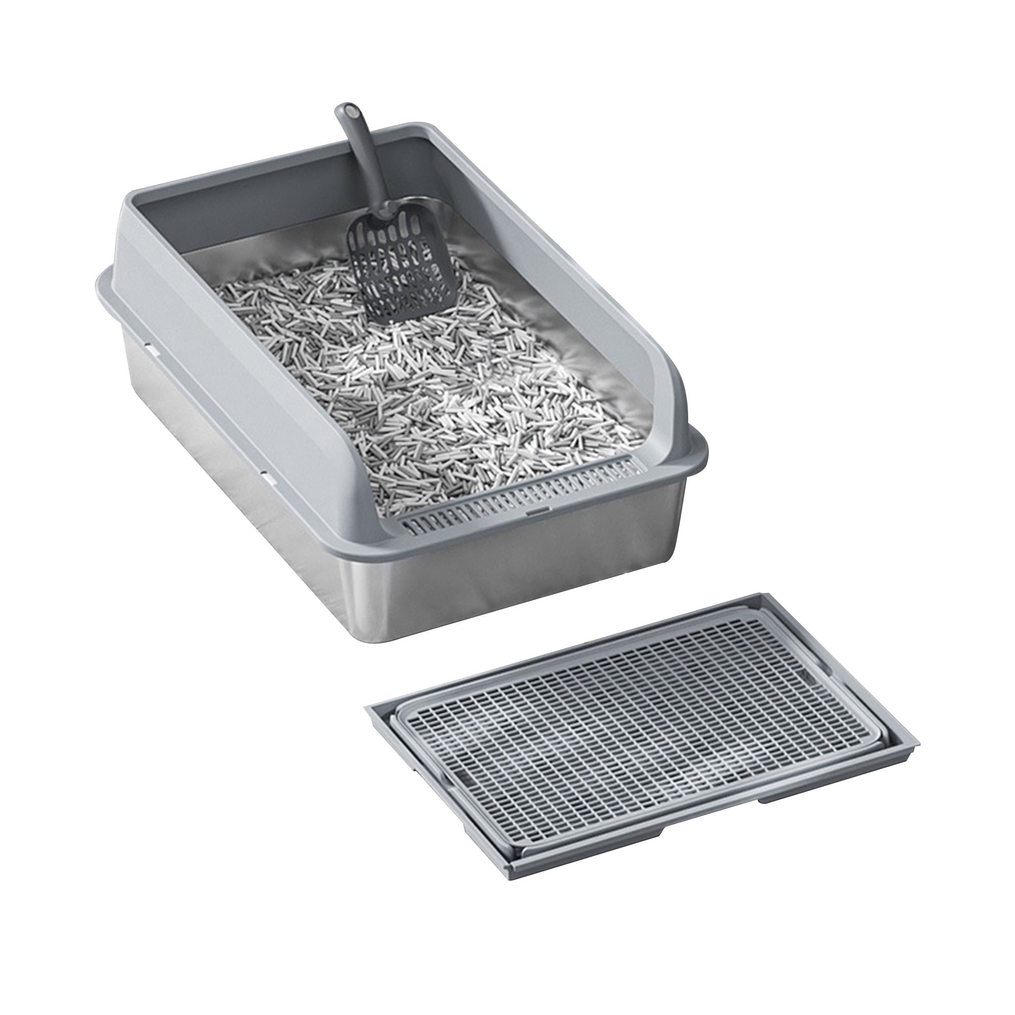 Huisuilinss Stainless Steel Litter Box,Deep Metal Cat Litter Box,Large Litter Box With Sifter Scoop & Double Layer Mat,Non-Stick,Easy to Clean,Easy Odor Control