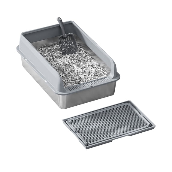Huisuilinss Stainless Steel Litter Box,Deep Metal Cat Litter Box,Large Litter Box With Sifter Scoop & Double Layer Mat,Non-Stick,Easy to Clean,Easy Odor Control