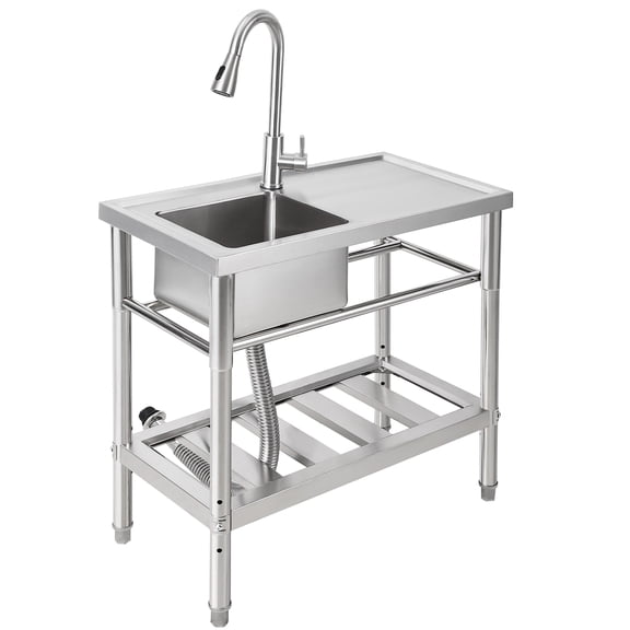 Huisuilinss Stainless Steel Sink Free Standing Single Bowl Kitchen Sink With Workbench Utility Sink With Hot & Cold Hoses For Laundry Room Farmhouse Bathroom Restaurant Garage