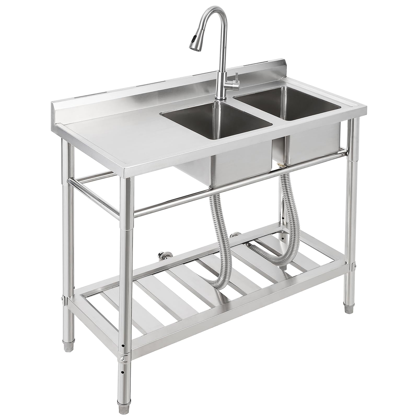 Huisuilinss Stainless Steel Utility Sink, 2-Compartment Commercial Kitchen Sink with Pull-Out Faucet, 47 Inch 39Inch Freestanding Sink with Workbench and 2 Storage Shelves for Laundry Room Bathroom
