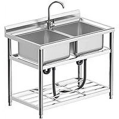 Huisuilinss Stainless Steel Utility Sink Free Standing Double Bowl Kitchen Sink Outdoor Camping Utility Sink Includes Faucet For Garage Restaurant Backyard Laundry Bathroom
