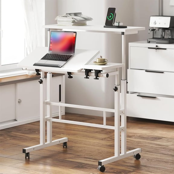 Huisuilinss Standing Desk Adjustable Height,Portable Rolling Desk With Tilting Table Top,Mobile Stand Up Desk With Wheels,Computer Workstation For Bedroom Living Room Home Office