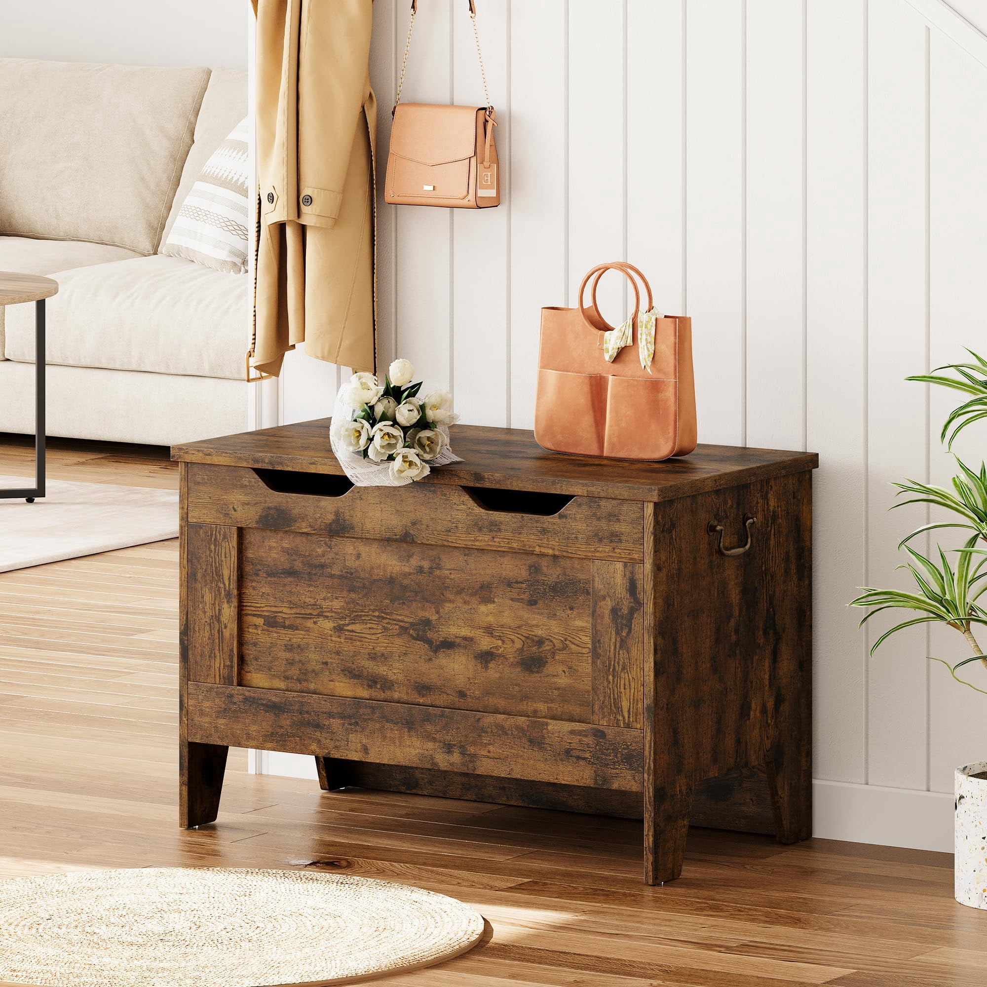 Huisuilinss Storage Bench,24.8” Retro Wooden Storage Chest with U-Shaped Cut-Out Pull, Safety Hinge, Supports 350 lb and Easy Assembly for Toy Box Organizer